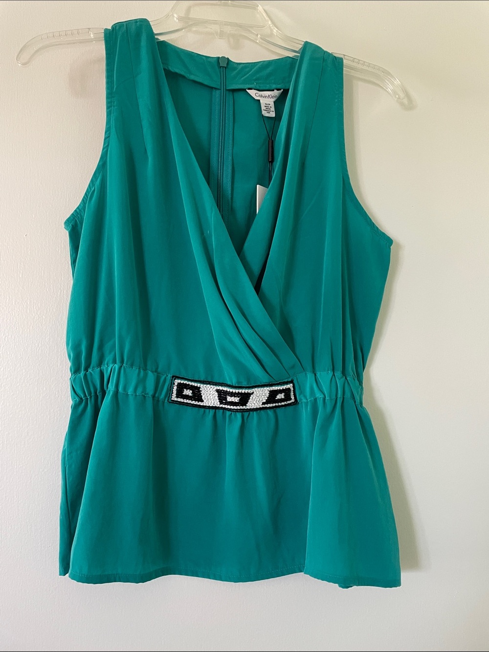 Calvin Klein Teal Surplice Sleeveless Peplum Top with Beaded Waist